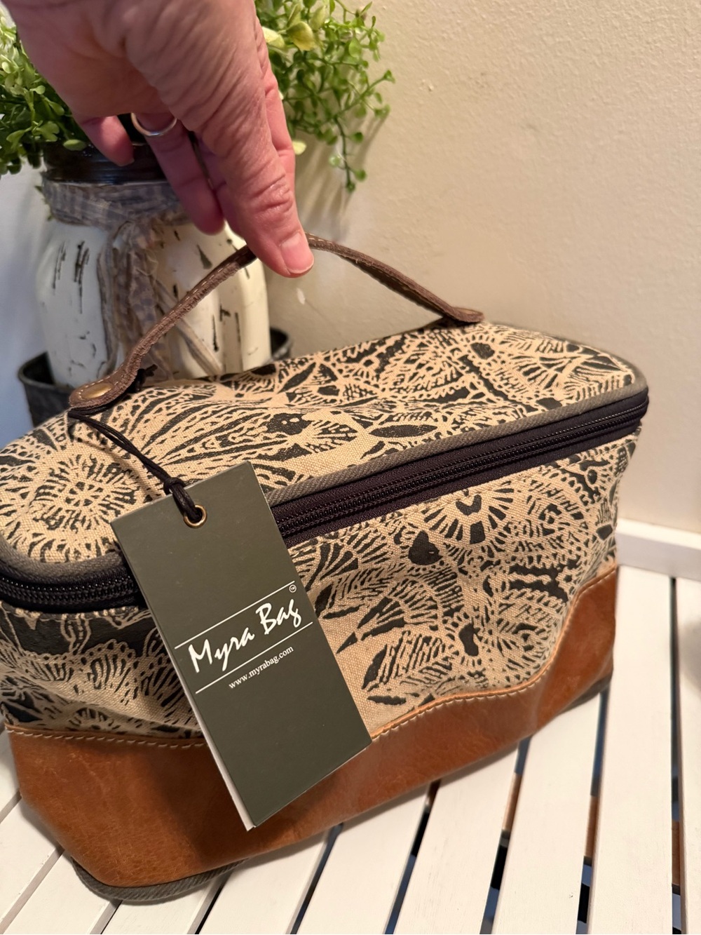 Myra Bag Toiletry Case in Tan & Brown with Black Print NWT